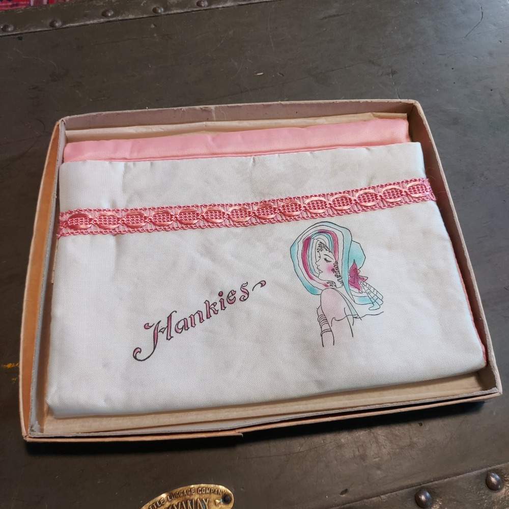Vintage Handkerchief Holder Pouch Pink Lace Trim Mid Century Lady Illustration